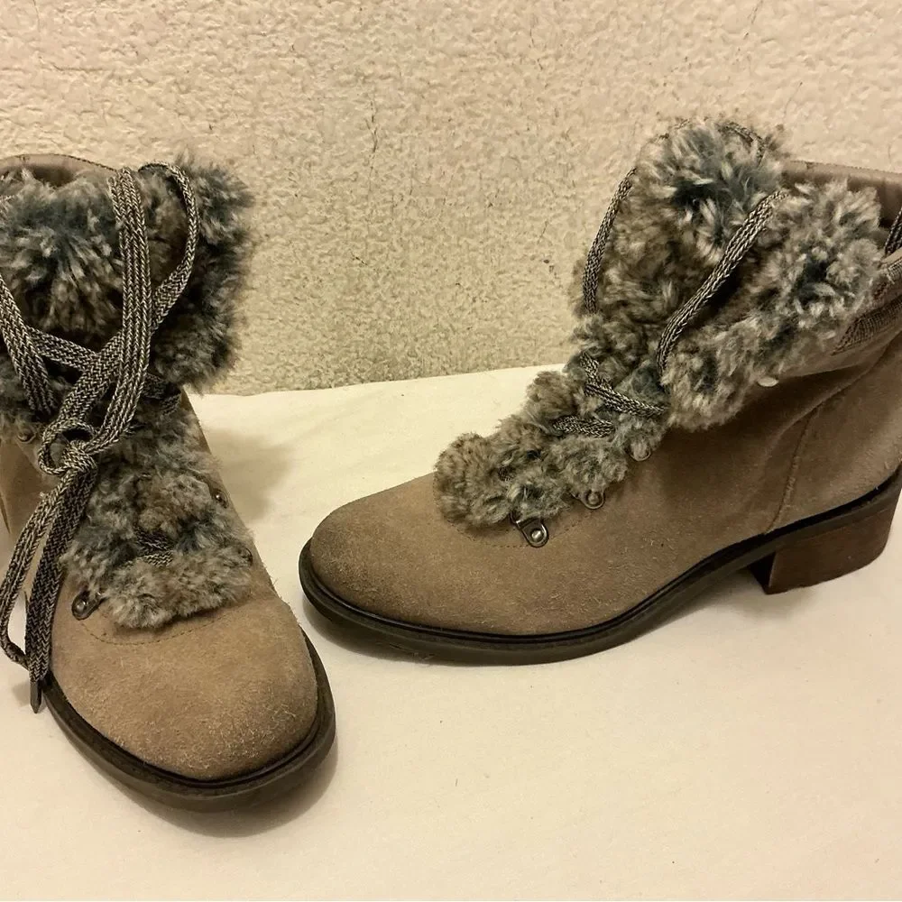 Sam Edelman Boots Womens 10 Casual Shearling Ankle Bootie Brown Wool Lace Up